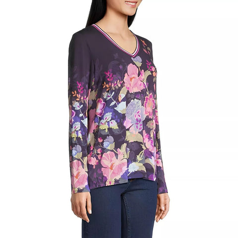 Johnny Was Janie Favorite Valeria Long Floral Special Tee Purple Top Shirt NEW
