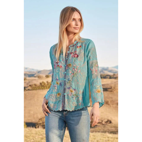 Johnny Was Allbee Blouse Marine Blue Silk Shirt Top Flower Embroidery Floral New