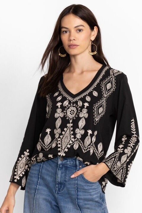 Johnny Was Liona V Neck Kimono Long Sleeve Tee Embroidery Floral Black Shirt NEW