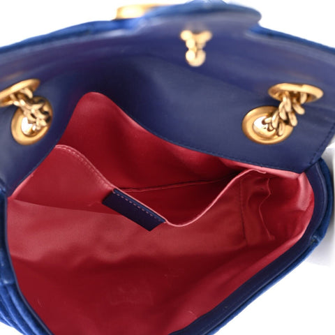 Gucci Velvet Matelasse Small GG Marmont Shoulder Bag Cobalt Blue Gold Handbag NEW