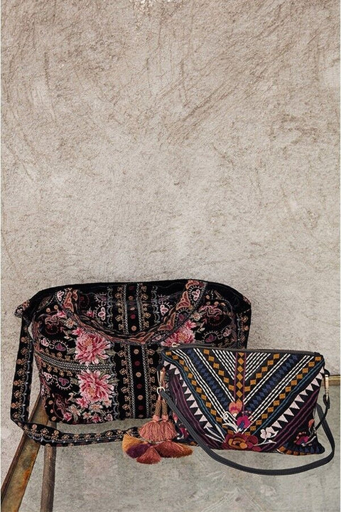 Johnny Was Joanna Velvet Embroidery Flowers Black Shoulder Tote Bag Handbag NEW