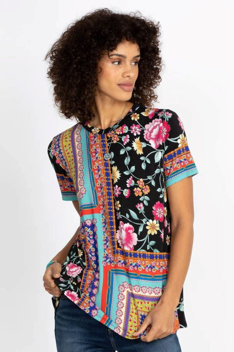 Johnny Was Lookout Favorite Swing Tee Shirt Crew Neck Blouse Floral Black Top NEW