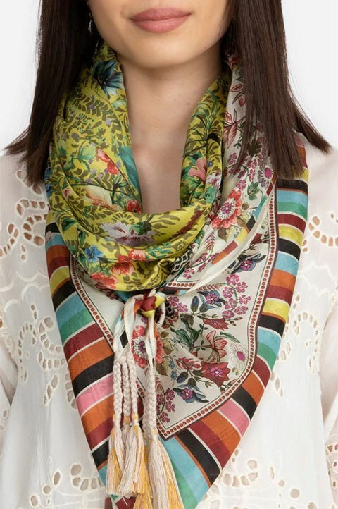 Johnny Was Millano Silk Scarf Flower Green Pink Square Large Stripe Tassel NEW