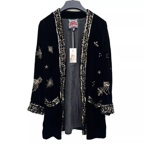 Johnny Was Aruna Velvet Smoking Jacket Embroidered Gold Sun Kimono Black NEW