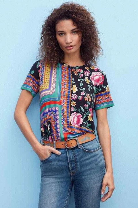 Johnny Was Lookout Favorite Swing Tee Shirt Crew Neck Blouse Floral Black Top NEW