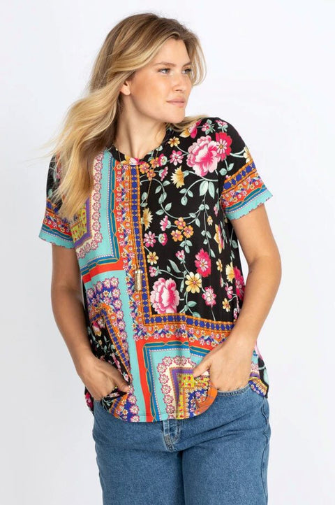 Johnny Was Lookout Favorite Swing Tee Shirt Crew Neck Blouse Floral Black Top NEW