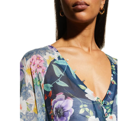 Johnny Was Sunrise Surf Swim Resort Cover Up Long Dress V Neck Flower Blue NEW