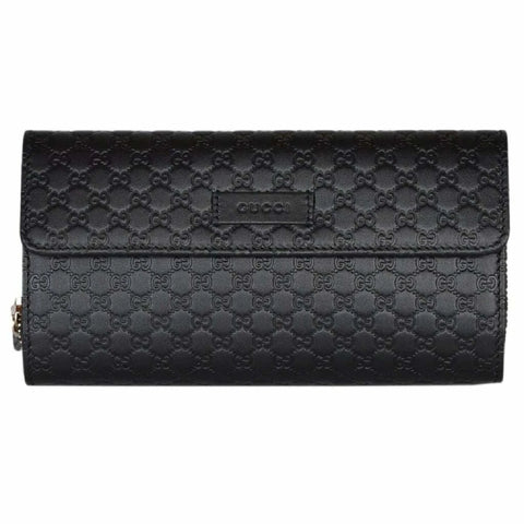 Gucci Signature Micro GG Black Fold Wallet Leather Purse Italy Zip Card Case NEW
