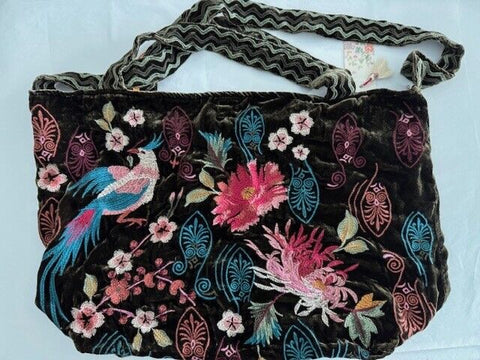 Johnny Was Ashira Velvet Tote Bag Floral Bird Tiger Eye Brown Handbag Purse New