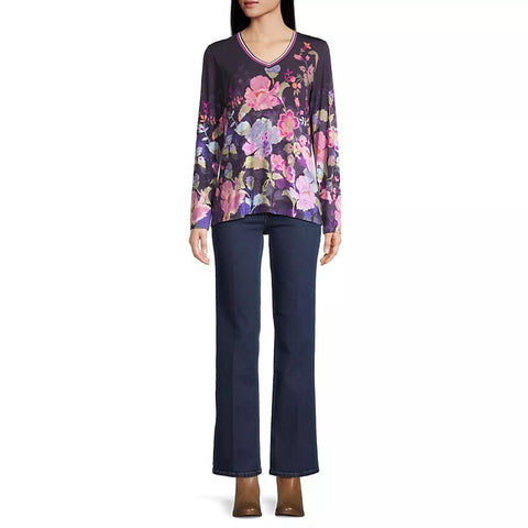 Johnny Was Janie Favorite Valeria Long Floral Special Tee Purple Top Shirt NEW