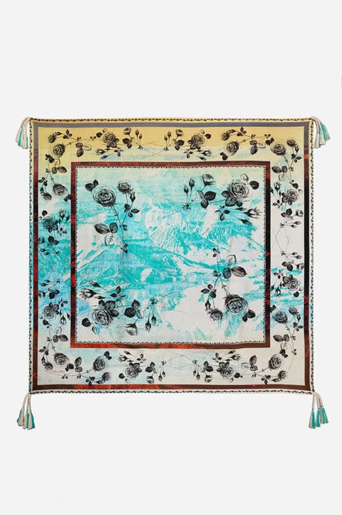 Johnny Was Emillia Silk Scarf Blue Flowers Square Large Beige Scarves Floral Tassels NEW