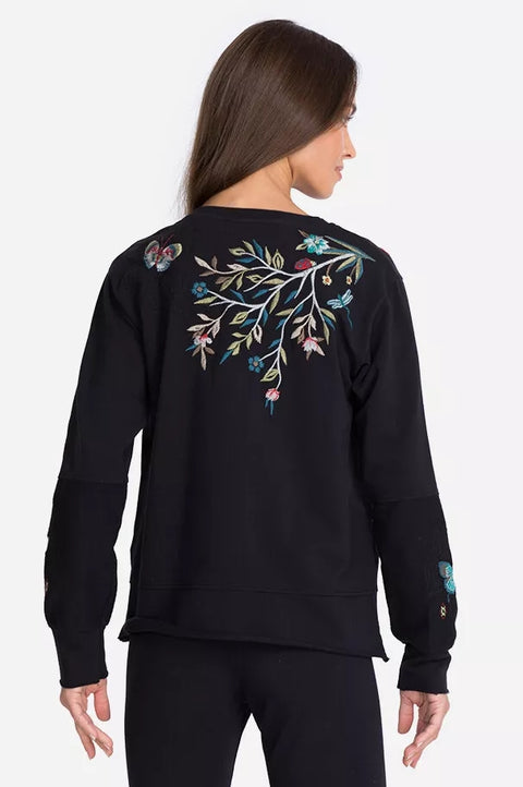 Johnny Was Gen French Terry Pullover Floral Embroidered Top Sweatshirt Black New