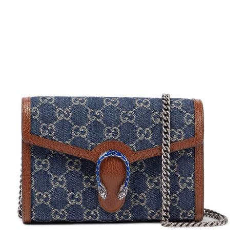 Gucci Dionysus GG Mini Chain Wallet Black Denim Handbag Silver Italy Bag NEW