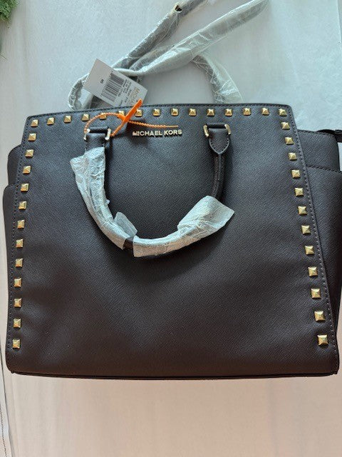 Michael Kors Selma Gold Studded Large Tote Bag Leather Coffee Brown Handbag NEW