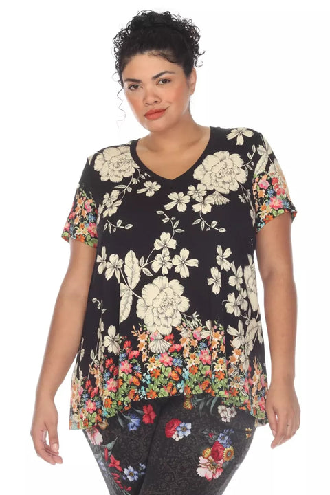 Johnny Was Redland Favorite Short Sleeve Floral V Neck Swing Tee Special Shirt Black New