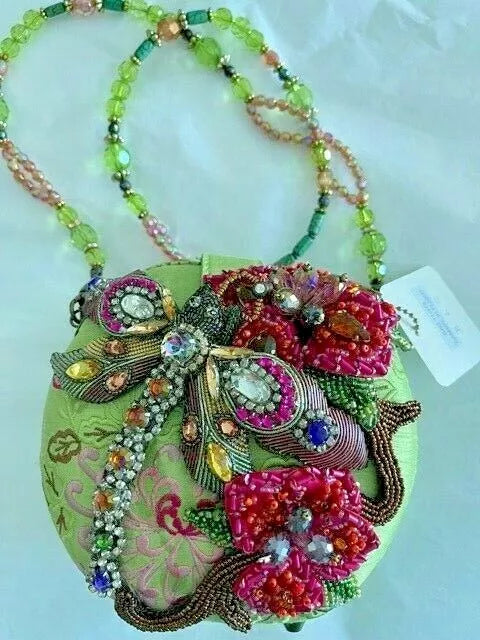 Mary Frances Damsel In Flight Hard Zip Novelty Bag Green Bead Handbag Purse NEW