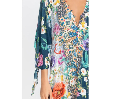 Johnny Was Sunrise Surf Swim Resort Cover Up Long Dress V Neck Flower Blue NEW