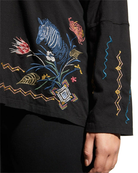 Johnny Was Watipaso Beach Raw Embroidered Cotton Hoodie Top Black Plus Size NEW