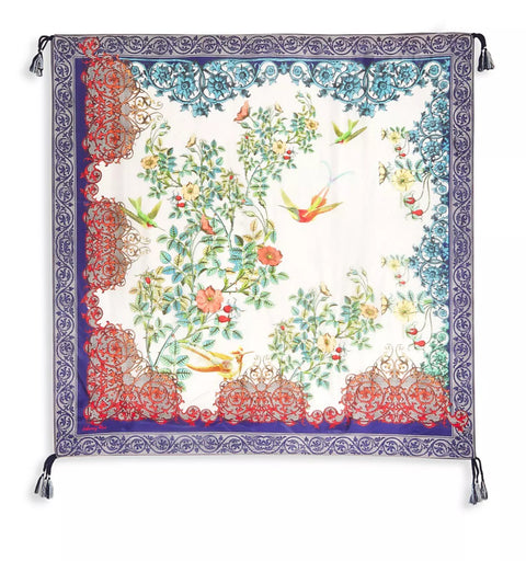 Johnny Was Lace Scarf Silk Square Large Green Flowers Blue Tassels Scarves New