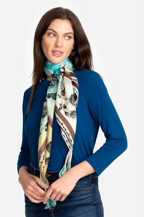 Johnny Was Emillia Silk Scarf Blue Flowers Square Large Beige Scarves Floral Tassels NEW