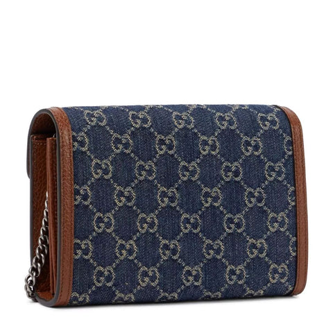 Gucci Dionysus GG Mini Chain Wallet Black Denim Handbag Silver Italy Bag NEW