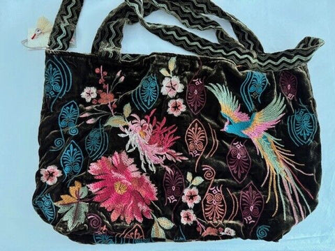 Johnny Was Ashira Velvet Tote Bag Floral Bird Tiger Eye Brown Handbag Purse New