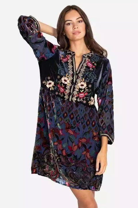 Johnny Was Clara Burnout Leda Button Top Floral Navy Blue Black Velvet Shirt NEW