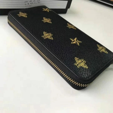 Gucci Bee Star Design Black Leather Long Wallet Women Zip Around Gold Italy NEW