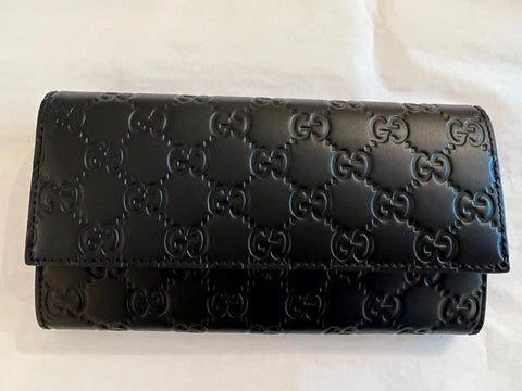 Gucci Signature Guccissima GG Black Fold Over Wallet Bag Box Purse Authentic New