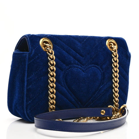 Gucci Velvet Matelasse Small GG Marmont Shoulder Bag Cobalt Blue Gold Handbag NEW
