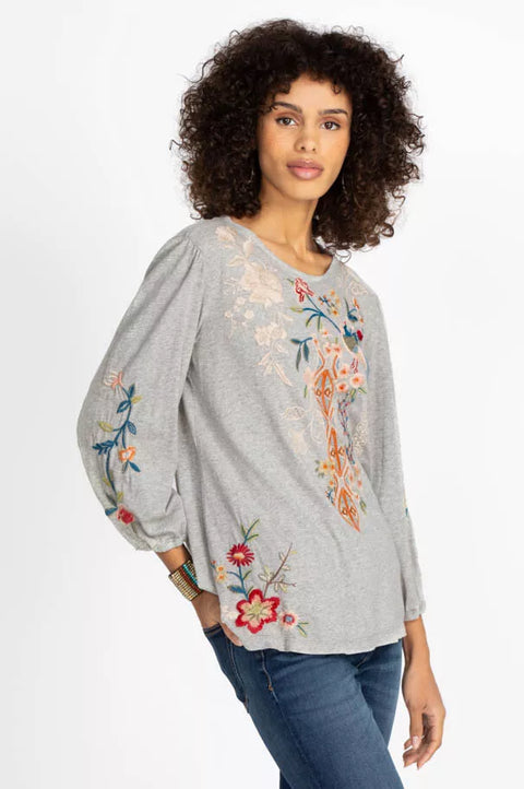 Johnny Was Ellia Heather Grey Puff Sleeve Shirt Blouse Floral Bird Long Cotton Embroidery Top NEW