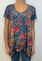 Johnny Was Locust Drape Tee Blue T Shirt Pink Flowers Cotton Top Floral New