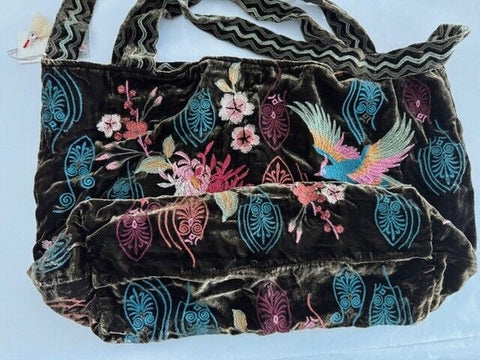 Johnny Was Ashira Velvet Tote Bag Floral Bird Tiger Eye Brown Handbag Purse New