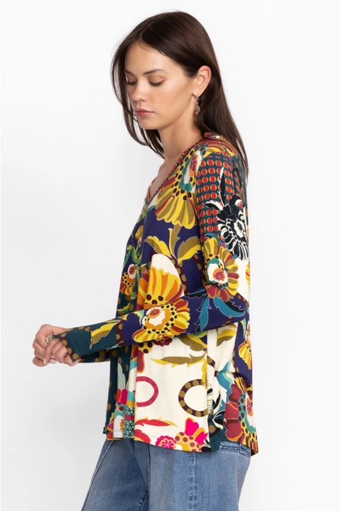 Johnny Was Kimbra Favorite Long Shirt Flared Swing Tee Floral Yellow Top XL NEW