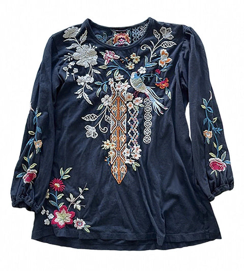Johnny Was Ellia Black Puff Sleeve Shirt Blouse Floral Bird Long Cotton Embroidery Top NEW
