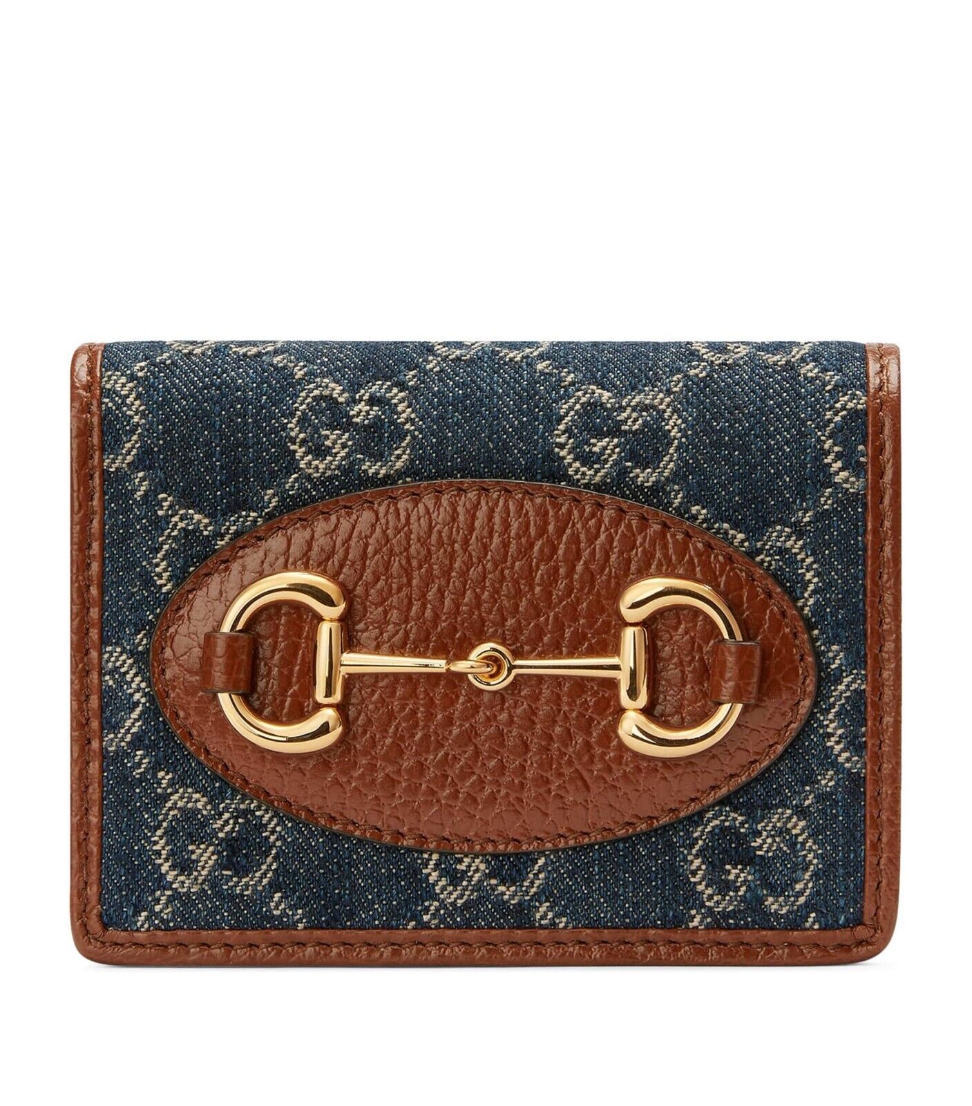 Gucci Horsebit 1955 GG Card Case Wallet Brown Leather Denim