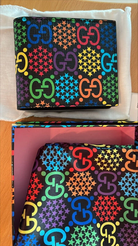 Gucci Multicolor Psychedelic Wallet Fold GG Italy Leather Card Case Black New