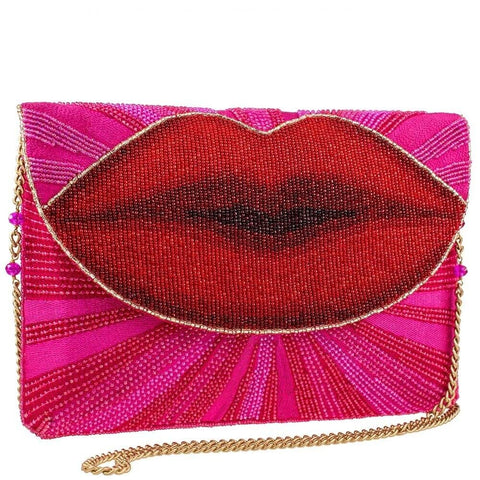 Mary Frances Smooch Crossbody Clutch Handbag Red Lips Beaded Pink Bag New