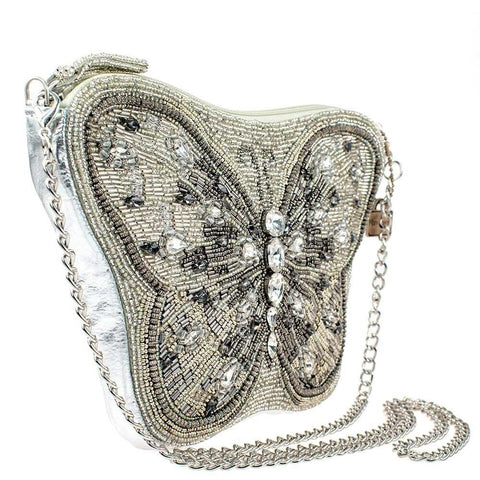 Mary Frances Flitter & Gleam Crossbody Butterfly Handbag Beaded Silver Bag New