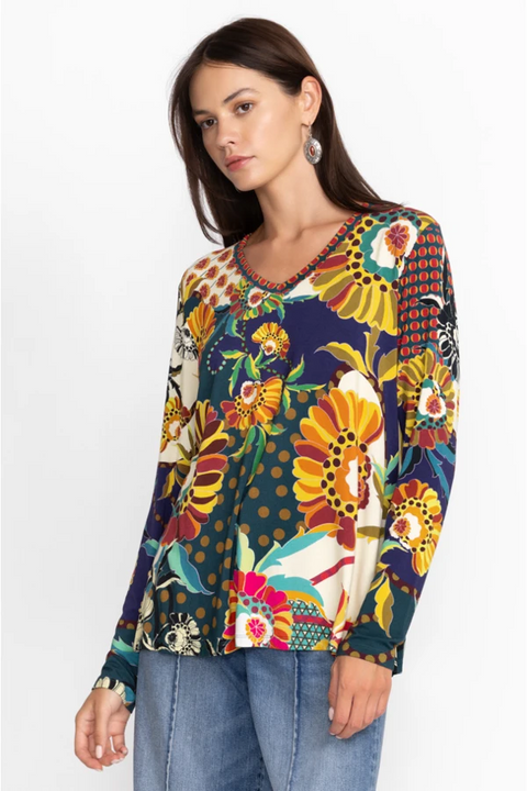 Johnny Was Kimbra Favorite Long Shirt Flared Swing Tee Floral Yellow Top XL NEW