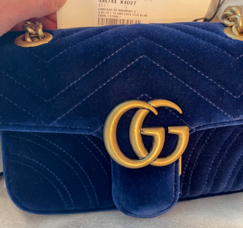 Gucci Velvet Matelasse Small GG Marmont Shoulder Bag Cobalt Blue Gold Handbag NEW