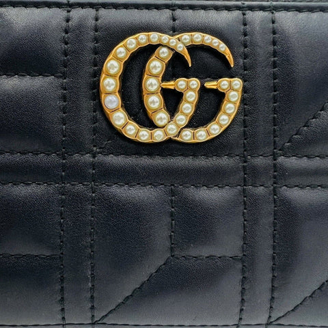 Gucci GG Marmont Matlasse Chevron Pearly Apollo Black Wallet Italy Box New