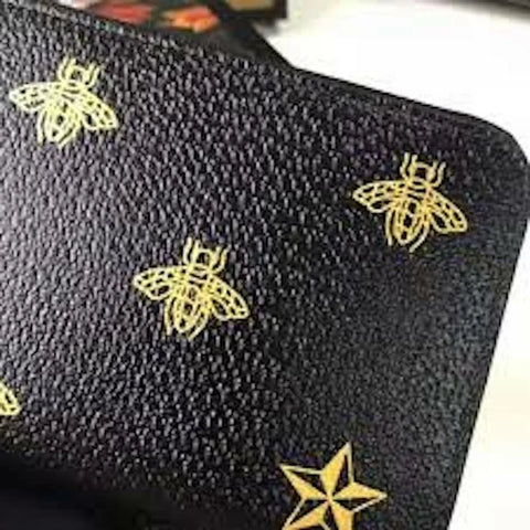 Gucci Bee Star Design Black Leather Long Wallet Women Zip Around Gold Italy NEW