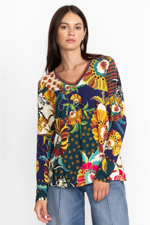 Johnny Was Kimbra Favorite Long Sleeve Shirt V Neck Swing Tee Floral Top NEW