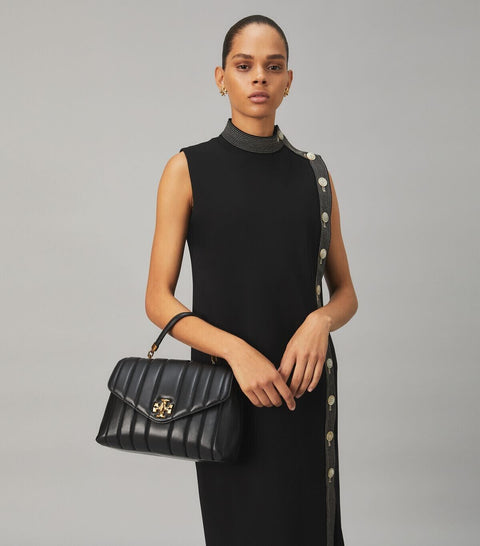 Tory Burch Kira Small Black Leather Single Top Handle Quilted Satchel Bag New