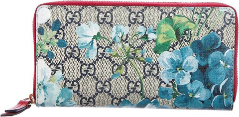GUCCI Blooms GG Supreme Red Trim Blue Navy Flowers Zip Around Purse Wallet New