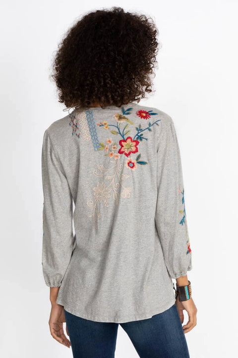 Johnny Was Ellia Black Puff Sleeve Shirt Blouse Floral Bird Long Cotton Embroidery Top NEW