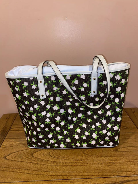 Michael Kors Carter Large Open Tote Bag Floral Magnetic Handbag Cream Brown NEW