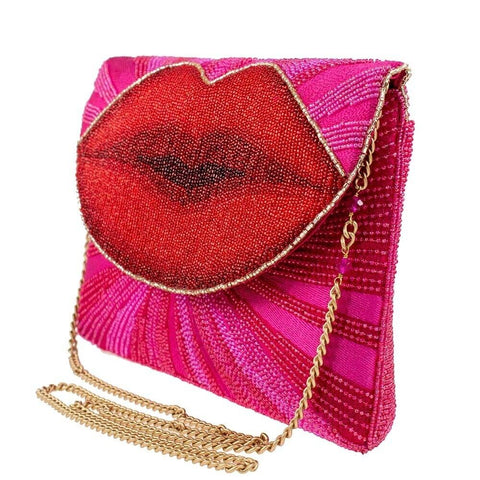 Mary Frances Smooch Crossbody Clutch Handbag Red Lips Beaded Pink Bag New
