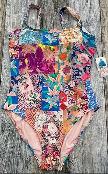 Johnny Was Barcelona One Piece Swimsuit Rash Guard Floral Red Blue Swimwear NEW